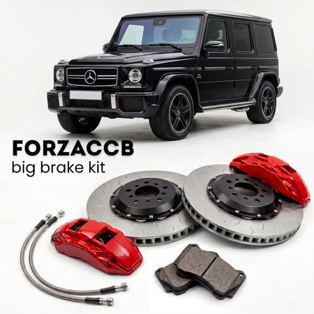 Black Mercedes-Benz G-Class W463 (2005-2018) shown above a ForzaCCB iron rotor big brake kit with 2x red 6-piston front calipers, 2x two-piece floating ventilated brake discs 380 mm, set of brake pads, and brake lines.