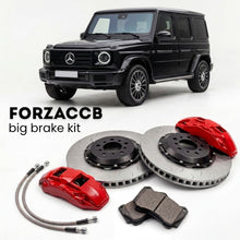 Black Mercedes-Benz G-Class W463 (2018+) shown above a ForzaCCB iron rotor big brake kit with 2x red 6-piston front calipers, 2x two-piece floating ventilated brake discs 380 mm, set of brake pads, and brake lines.