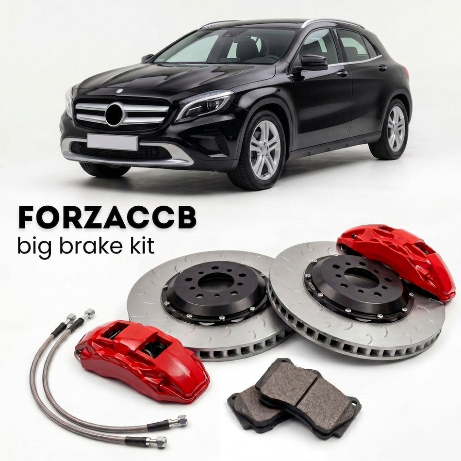Black Mercedes-Benz GLA X156 (2013-2019) shown above a ForzaCCB iron rotor big brake kit with 2x red 6-piston front calipers, 2x two-piece floating ventilated brake discs 380 mm, set of brake pads, and brake lines.
