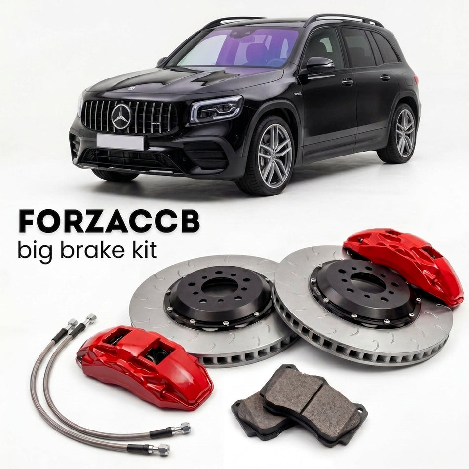 Black Mercedes-Benz GLB 35 AMG X247 (2020+) shown above a ForzaCCB iron rotor big brake kit with 2x red 6-piston front calipers, 2x two-piece floating ventilated brake discs 380 mm, set of brake pads, and brake lines.