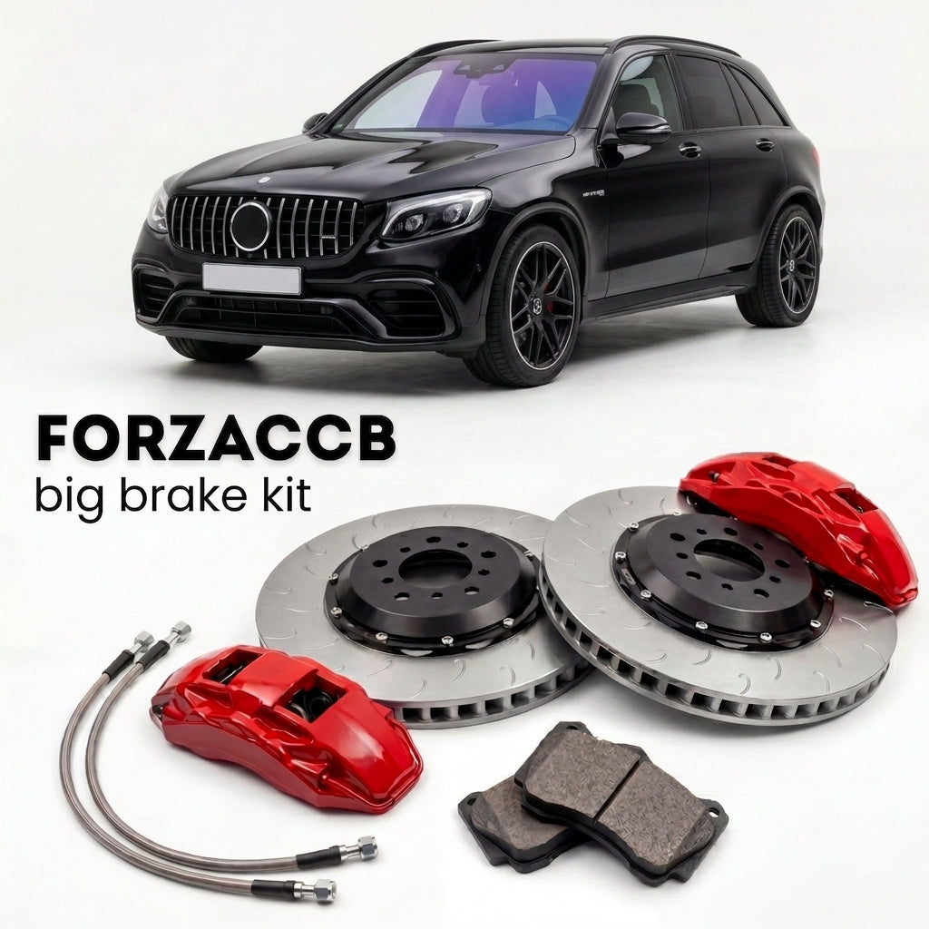Black Mercedes-Benz GLC 63 AMG X253 (2017-2018) shown above a ForzaCCB iron rotor big brake kit with 2x red 6-piston front calipers, 2x two-piece floating ventilated brake discs 380 mm, set of brake pads, and brake lines.