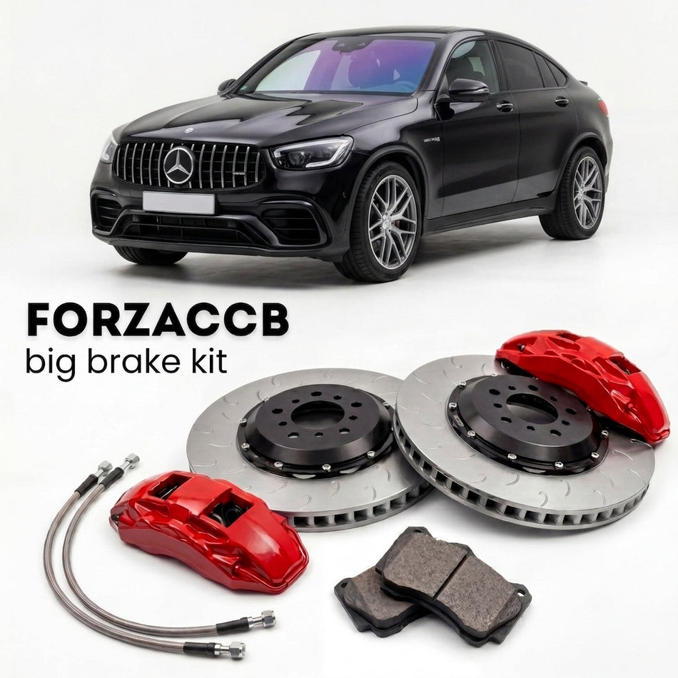 Black Mercedes-Benz GLC 63 S AMG Coupé C253 (2019-2022) shown above a ForzaCCB iron rotor big brake kit with 2x red 6-piston front calipers, 2x two-piece floating ventilated brake discs 380 mm, set of brake pads, and brake lines.