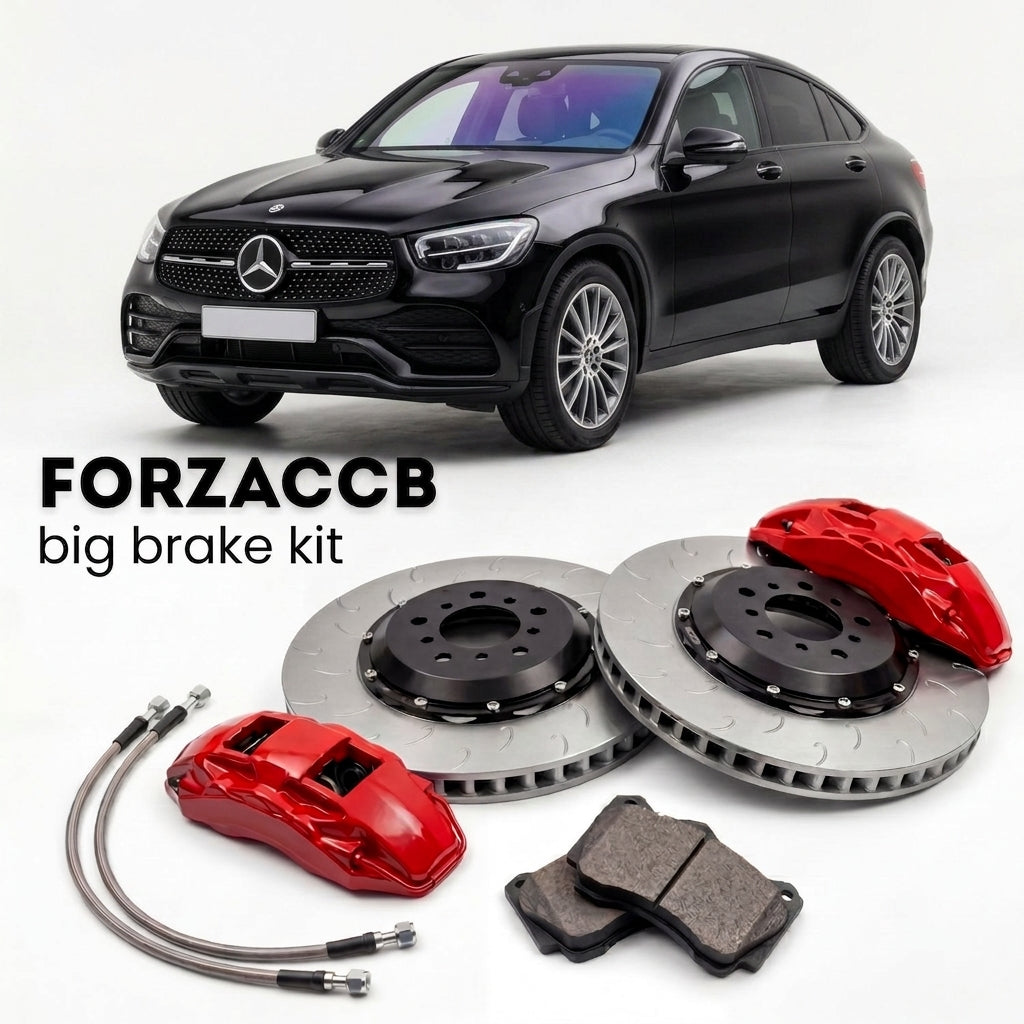 Black Mercedes-Benz GLC Coupé C254 (2022+) shown above a ForzaCCB iron rotor big brake kit with 2x red 6-piston front calipers, 2x two-piece floating ventilated brake discs 380 mm, set of brake pads, and brake lines.