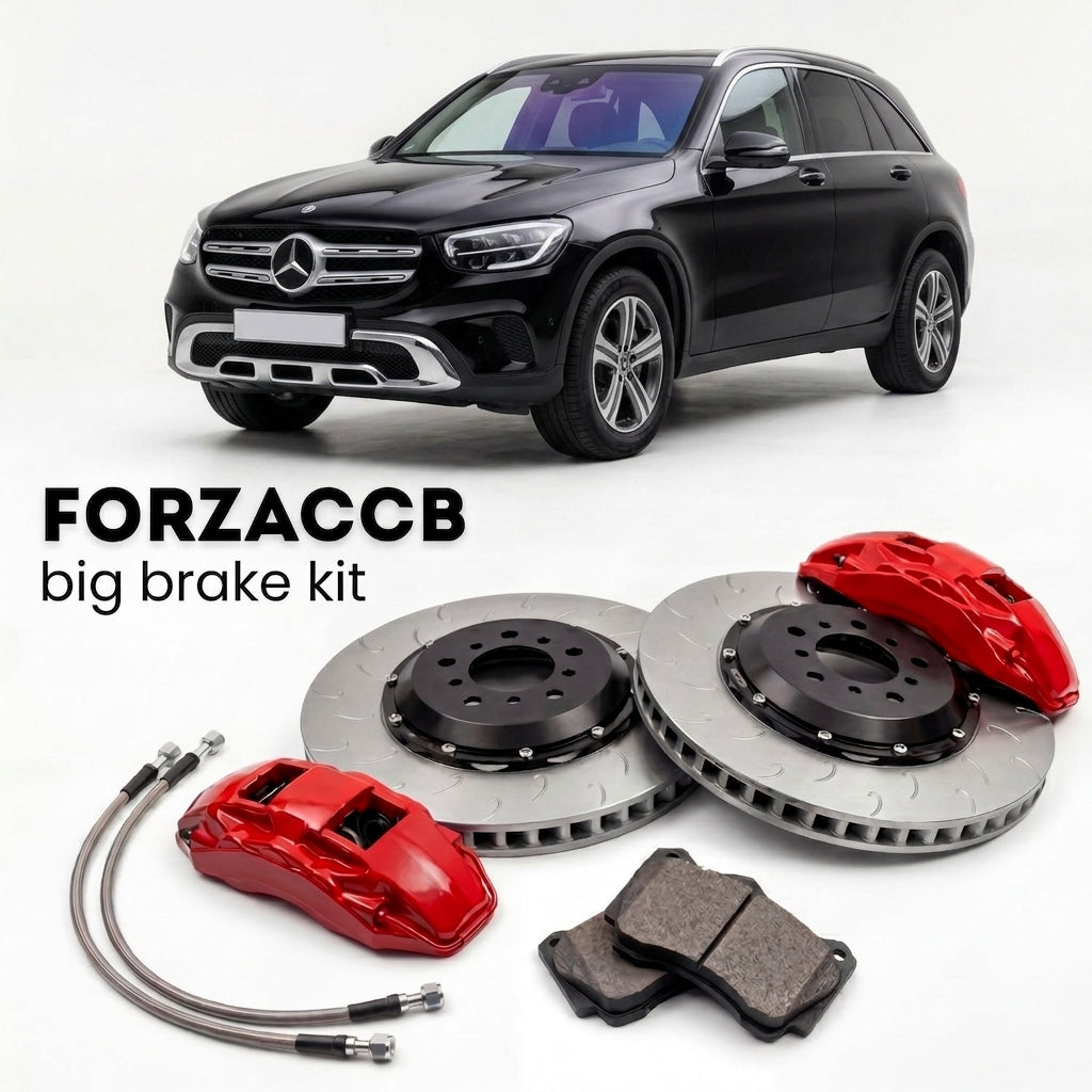 Black Mercedes-Benz GLC X253 (2015-2022) shown above a ForzaCCB iron rotor big brake kit with 2x red 6-piston front calipers, 2x two-piece floating ventilated brake discs 380 mm, set of brake pads, and brake lines.