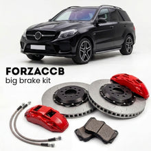 Black Mercedes-Benz GLE 43 AMG W166 (2015-2018) shown above a ForzaCCB iron rotor big brake kit with 2x red 6-piston front calipers, 2x two-piece floating ventilated brake discs 380 mm, set of brake pads, and brake lines.