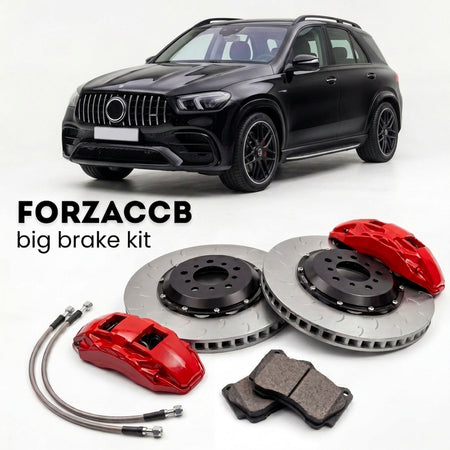 Black Mercedes-Benz GLE 63 AMG W167 (2020+) shown above a ForzaCCB iron rotor big brake kit with 2x red 6-piston front calipers, 2x two-piece floating ventilated brake discs 380 mm, set of brake pads, and brake lines.