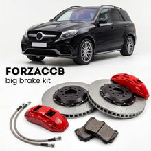Black Mercedes-Benz GLE 63 S AMG W166 (2015-2019) shown above a ForzaCCB iron rotor big brake kit with 2x red 6-piston front calipers, 2x two-piece floating ventilated brake discs 380 mm, set of brake pads, and brake lines.