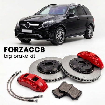 Black Mercedes-Benz GLE 63 S AMG W166 (2015-2019) shown above a ForzaCCB iron rotor big brake kit with 2x red 6-piston front calipers, 2x two-piece floating ventilated brake discs 380 mm, set of brake pads, and brake lines.