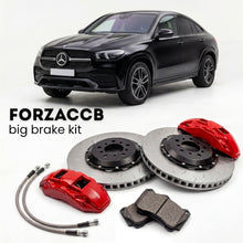 Black Mercedes-Benz GLE Coupé C167 (2019+) shown above a ForzaCCB iron rotor big brake kit with 2x red 6-piston front calipers, 2x two-piece floating ventilated brake discs 380 mm, set of brake pads, and brake lines.