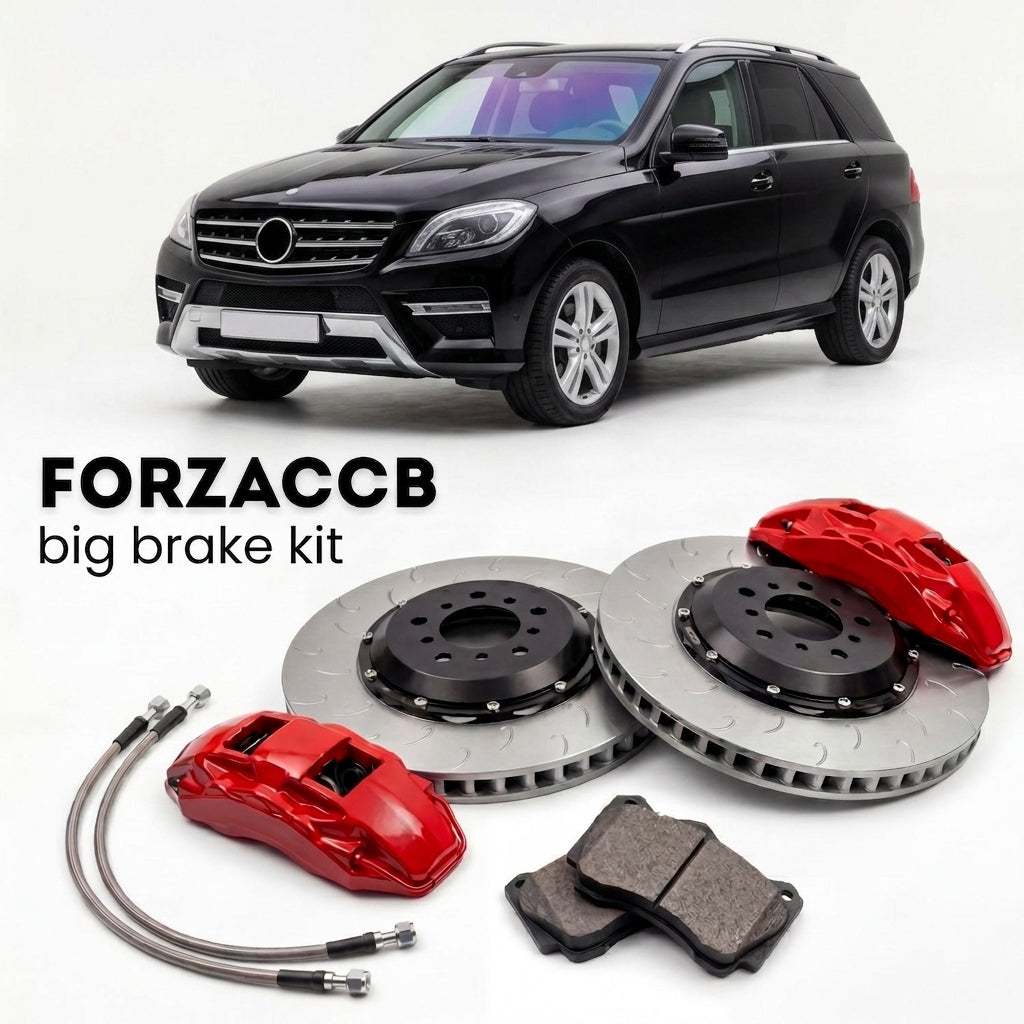 Black Mercedes-Benz GLE/ML W166 (2011-2015) shown above a ForzaCCB iron rotor big brake kit with 2x red 6-piston front calipers, 2x two-piece floating ventilated brake discs 380 mm, set of brake pads, and brake lines.