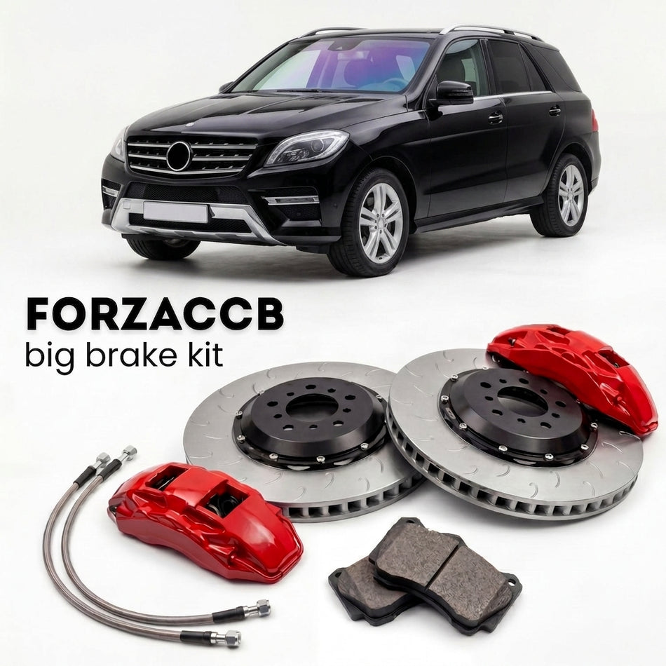 Black Mercedes-Benz GLE/ML W166 (2011-2015) shown above a ForzaCCB iron rotor big brake kit with 2x red 6-piston front calipers, 2x two-piece floating ventilated brake discs 380 mm, set of brake pads, and brake lines.