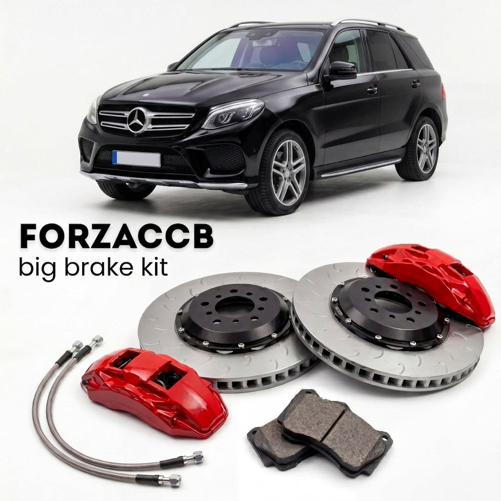 Black Mercedes-Benz GLE W166 (2015-2019) shown above a ForzaCCB iron rotor big brake kit with 2x red 6-piston front calipers, 2x two-piece floating ventilated brake discs 380 mm, set of brake pads, and brake lines.