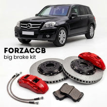 Black Mercedes-Benz GLK-Class X204 (2008-2015) shown above a ForzaCCB iron rotor big brake kit with 2x red 6-piston front calipers, 2x two-piece floating ventilated brake discs 380 mm, set of brake pads, and brake lines.