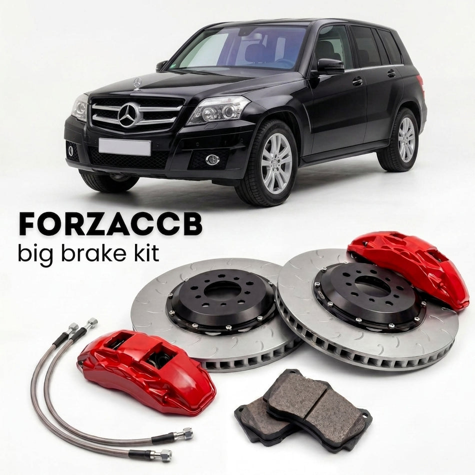 Black Mercedes-Benz GLK-Class X204 (2008-2015) shown above a ForzaCCB iron rotor big brake kit with 2x red 6-piston front calipers, 2x two-piece floating ventilated brake discs 380 mm, set of brake pads, and brake lines.