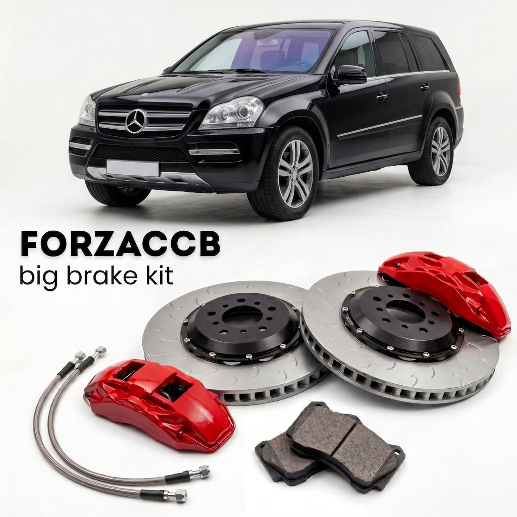 Black Mercedes-Benz GLS/GL X164 (2006-2012) shown above a ForzaCCB iron rotor big brake kit with 2x red 6-piston front calipers, 2x two-piece floating ventilated brake discs 380 mm, set of brake pads, and brake lines.