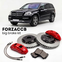 Black Mercedes-Benz GLS/GL X164 (2006-2012) shown above a ForzaCCB iron rotor big brake kit with 2x red 6-piston front calipers, 2x two-piece floating ventilated brake discs 380 mm, set of brake pads, and brake lines.