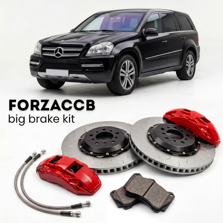 Black Mercedes-Benz GLS/GL X164 (2006-2012) shown above a ForzaCCB iron rotor big brake kit with 2x red 6-piston front calipers, 2x two-piece floating ventilated brake discs 380 mm, set of brake pads, and brake lines.