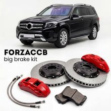 Black Mercedes-Benz GLS/GL X166 (2012-2019) shown above a ForzaCCB iron rotor big brake kit with 2x red 6-piston front calipers, 2x two-piece floating ventilated brake discs 380 mm, set of brake pads, and brake lines.