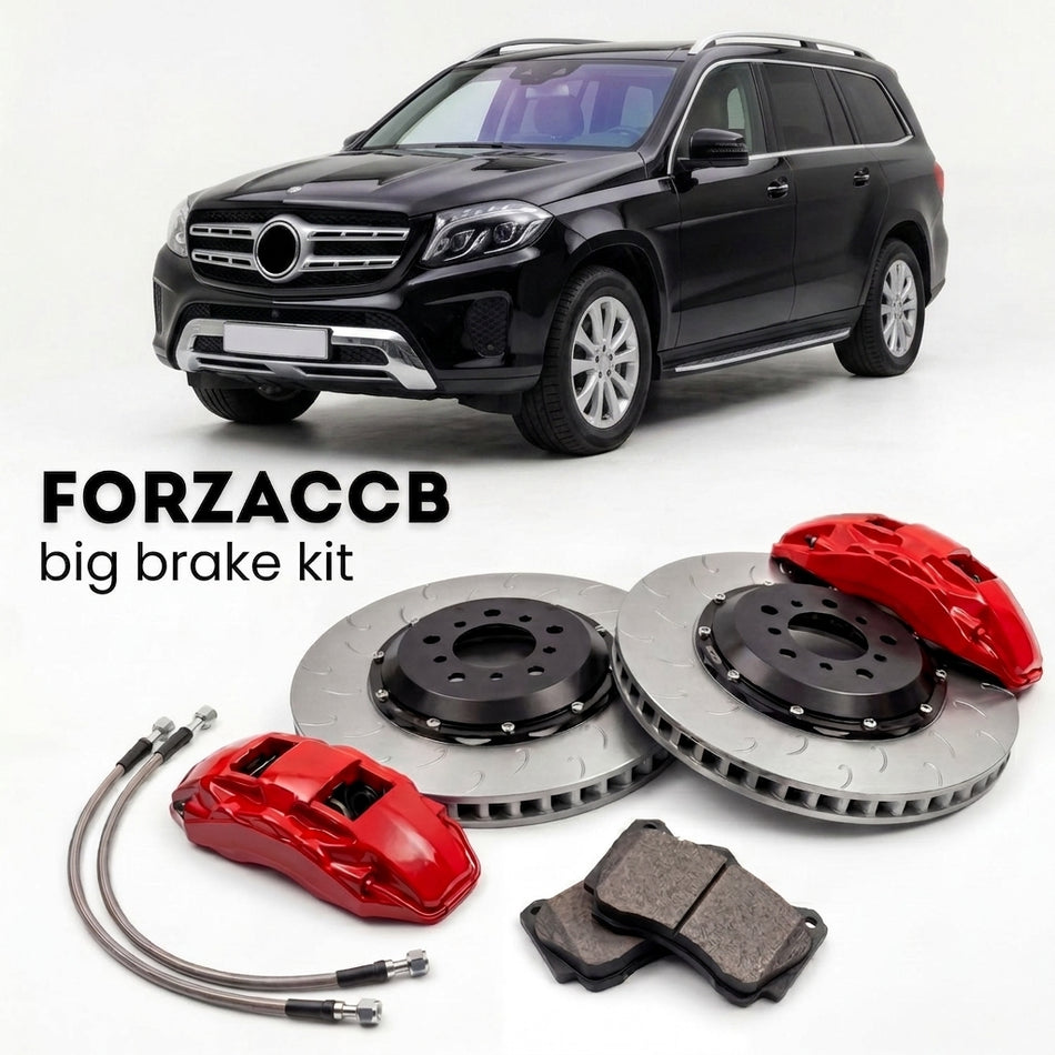 Black Mercedes-Benz GLS/GL X166 (2012-2019) shown above a ForzaCCB iron rotor big brake kit with 2x red 6-piston front calipers, 2x two-piece floating ventilated brake discs 380 mm, set of brake pads, and brake lines.