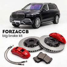 Black Mercedes-Benz Maybach GLS X167 (2020+) shown above a ForzaCCB iron rotor big brake kit with 2x red 6-piston front calipers, 2x two-piece floating ventilated brake discs 380 mm, set of brake pads, and brake lines.