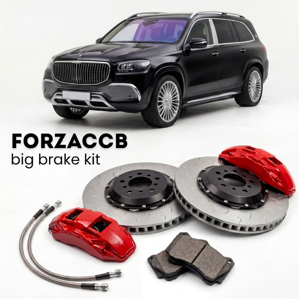 Black Mercedes-Benz Maybach GLS X167 (2020+) shown above a ForzaCCB iron rotor big brake kit with 2x red 6-piston front calipers, 2x two-piece floating ventilated brake discs 380 mm, set of brake pads, and brake lines.