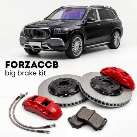 Black Mercedes-Benz Maybach GLS X167 (2020+) shown above a ForzaCCB iron rotor big brake kit with 2x red 6-piston front calipers, 2x two-piece floating ventilated brake discs 380 mm, set of brake pads, and brake lines.