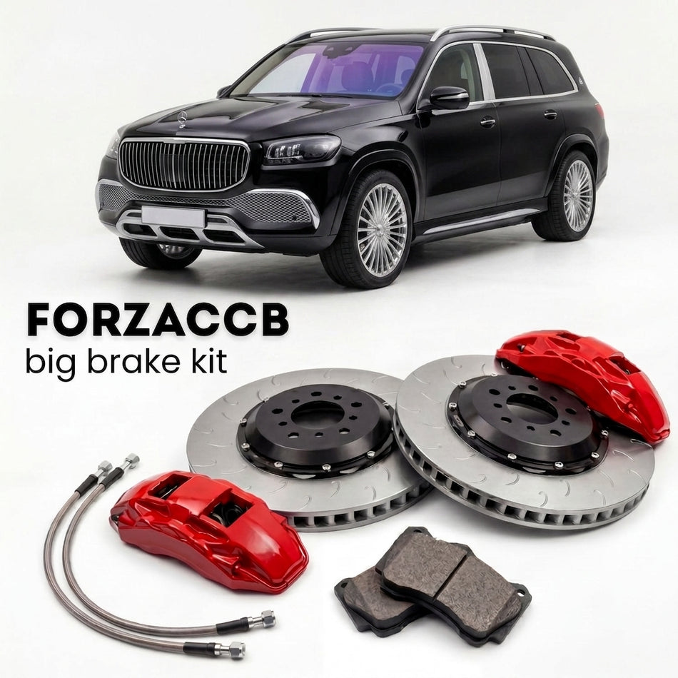 Black Mercedes-Benz Maybach GLS X167 (2020+) shown above a ForzaCCB iron rotor big brake kit with 2x red 6-piston front calipers, 2x two-piece floating ventilated brake discs 380 mm, set of brake pads, and brake lines.