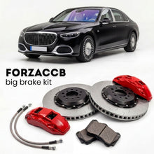 Black Mercedes-Benz Maybach S-Class W223 (2021+) shown above a ForzaCCB iron rotor big brake kit with 2x red 6-piston front calipers, 2x two-piece floating ventilated brake discs 380 mm, set of brake pads, and brake lines.