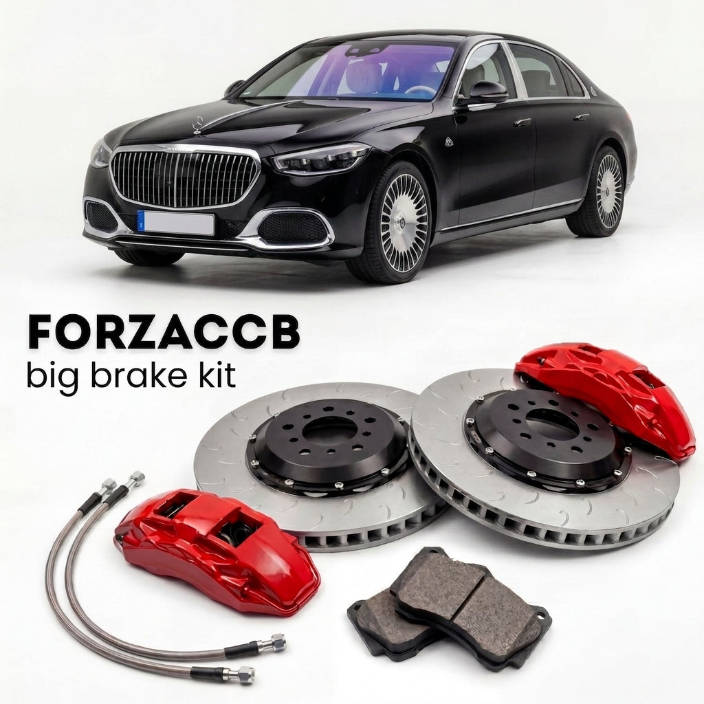 Black Mercedes-Benz Maybach S-Class W223 (2021+) shown above a ForzaCCB iron rotor big brake kit with 2x red 6-piston front calipers, 2x two-piece floating ventilated brake discs 380 mm, set of brake pads, and brake lines.
