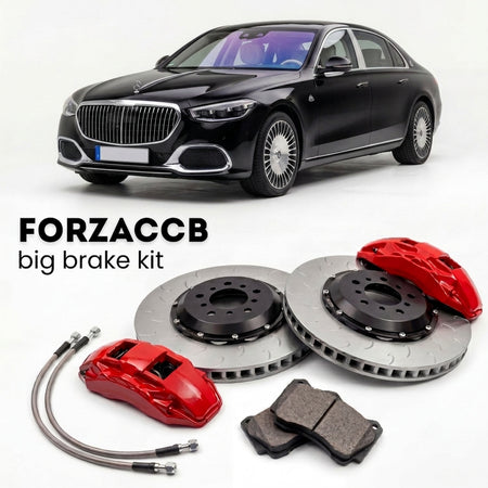 Black Mercedes-Benz Maybach S-Class W223 (2021+) shown above a ForzaCCB iron rotor big brake kit with 2x red 6-piston front calipers, 2x two-piece floating ventilated brake discs 380 mm, set of brake pads, and brake lines.