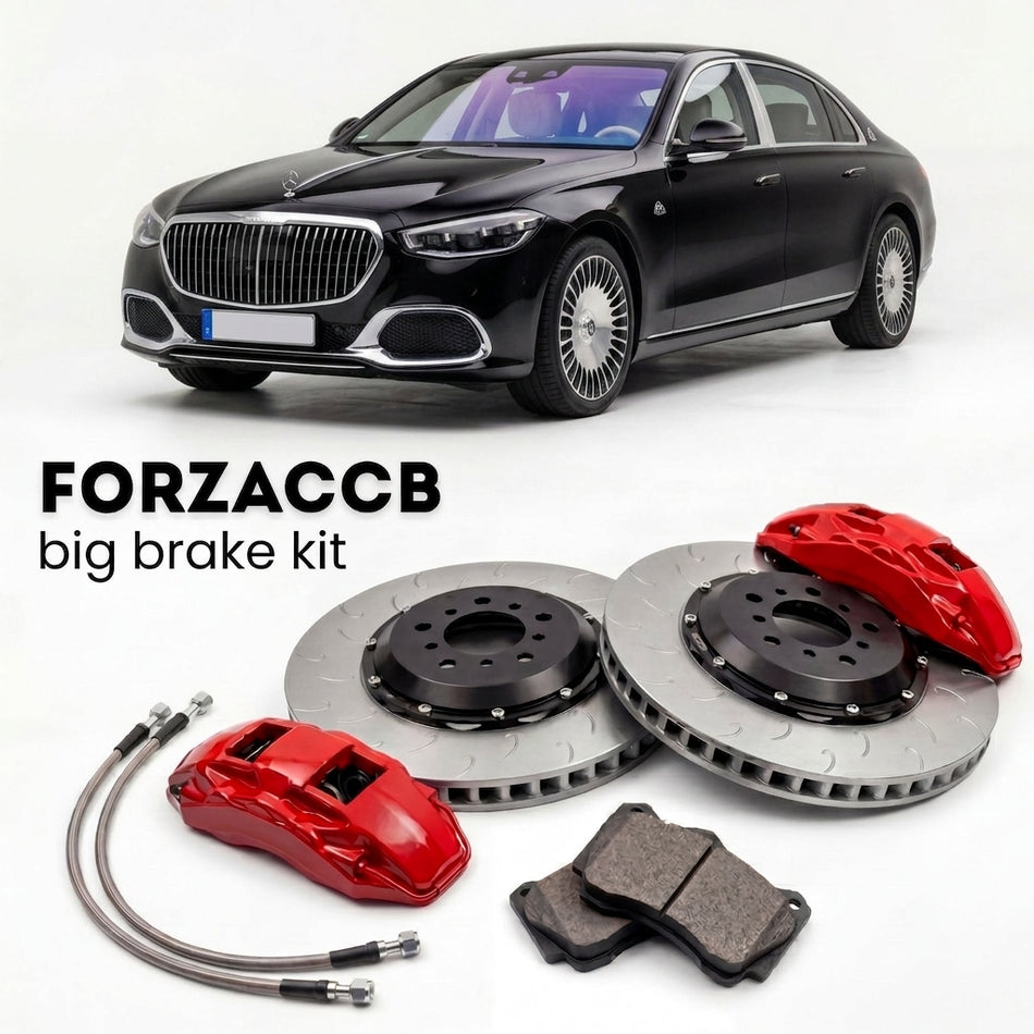 Black Mercedes-Benz Maybach S-Class W223 (2021+) shown above a ForzaCCB iron rotor big brake kit with 2x red 6-piston front calipers, 2x two-piece floating ventilated brake discs 380 mm, set of brake pads, and brake lines.