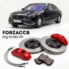 Black Mercedes-Benz Maybach S-Class X222 (2015-2020) shown above a ForzaCCB iron rotor big brake kit with 2x red 6-piston front calipers, 2x two-piece floating ventilated brake discs 380 mm, set of brake pads, and brake lines.