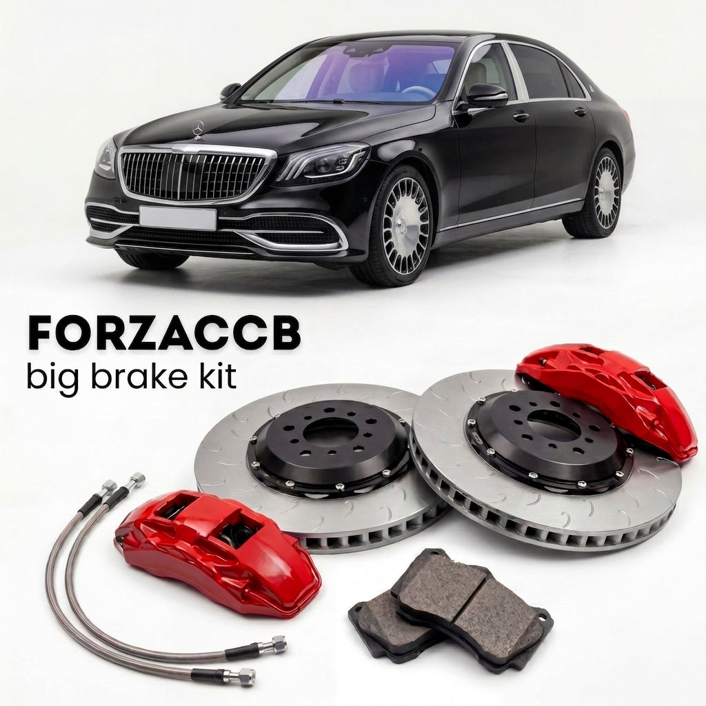 Black Mercedes-Benz Maybach S-Class X222 (2015-2020) shown above a ForzaCCB iron rotor big brake kit with 2x red 6-piston front calipers, 2x two-piece floating ventilated brake discs 380 mm, set of brake pads, and brake lines.