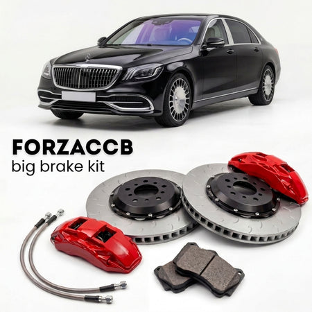 Black Mercedes-Benz Maybach S-Class X222 (2015-2020) shown above a ForzaCCB iron rotor big brake kit with 2x red 6-piston front calipers, 2x two-piece floating ventilated brake discs 380 mm, set of brake pads, and brake lines.
