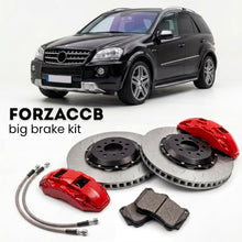 Black Mercedes-Benz ML 63 AMG W164 (2006-2011) shown above a ForzaCCB iron rotor big brake kit with 2x red 6-piston front calipers, 2x two-piece floating ventilated brake discs 380 mm, set of brake pads, and brake lines.