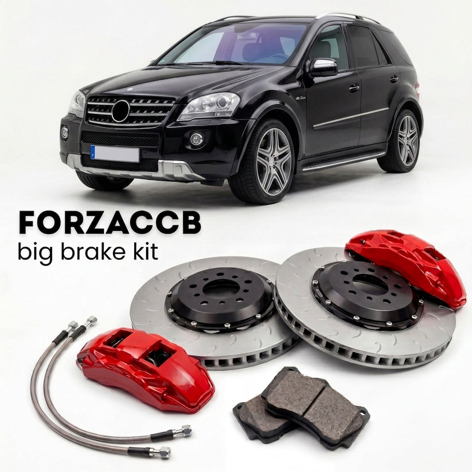 Black Mercedes-Benz ML 63 AMG W164 (2006-2011) shown above a ForzaCCB iron rotor big brake kit with 2x red 6-piston front calipers, 2x two-piece floating ventilated brake discs 380 mm, set of brake pads, and brake lines.