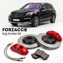 Black Mercedes-Benz ML 63 AMG W166 (2012-2015) shown above a ForzaCCB iron rotor big brake kit with 2x red 6-piston front calipers, 2x two-piece floating ventilated brake discs 380 mm, set of brake pads, and brake lines.