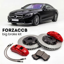 Black Mercedes-Benz S 550 / 560 Coupé C217 (2014-2020) shown above a ForzaCCB iron rotor big brake kit with 2x red 6-piston front calipers, 2x two-piece floating ventilated brake discs 380 mm, set of brake pads, and brake lines.