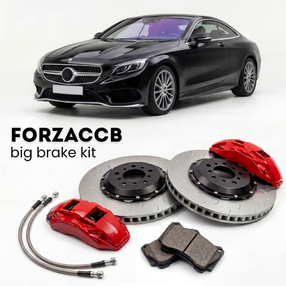 Black Mercedes-Benz S 550 / 560 Coupé C217 (2014-2020) shown above a ForzaCCB iron rotor big brake kit with 2x red 6-piston front calipers, 2x two-piece floating ventilated brake discs 380 mm, set of brake pads, and brake lines.