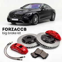 Black Mercedes-Benz S 63 / 65 AMG Coupé C217 (2014-2020) shown above a ForzaCCB iron rotor big brake kit with 2x red 6-piston front calipers, 2x two-piece floating ventilated brake discs 380 mm, set of brake pads, and brake lines.