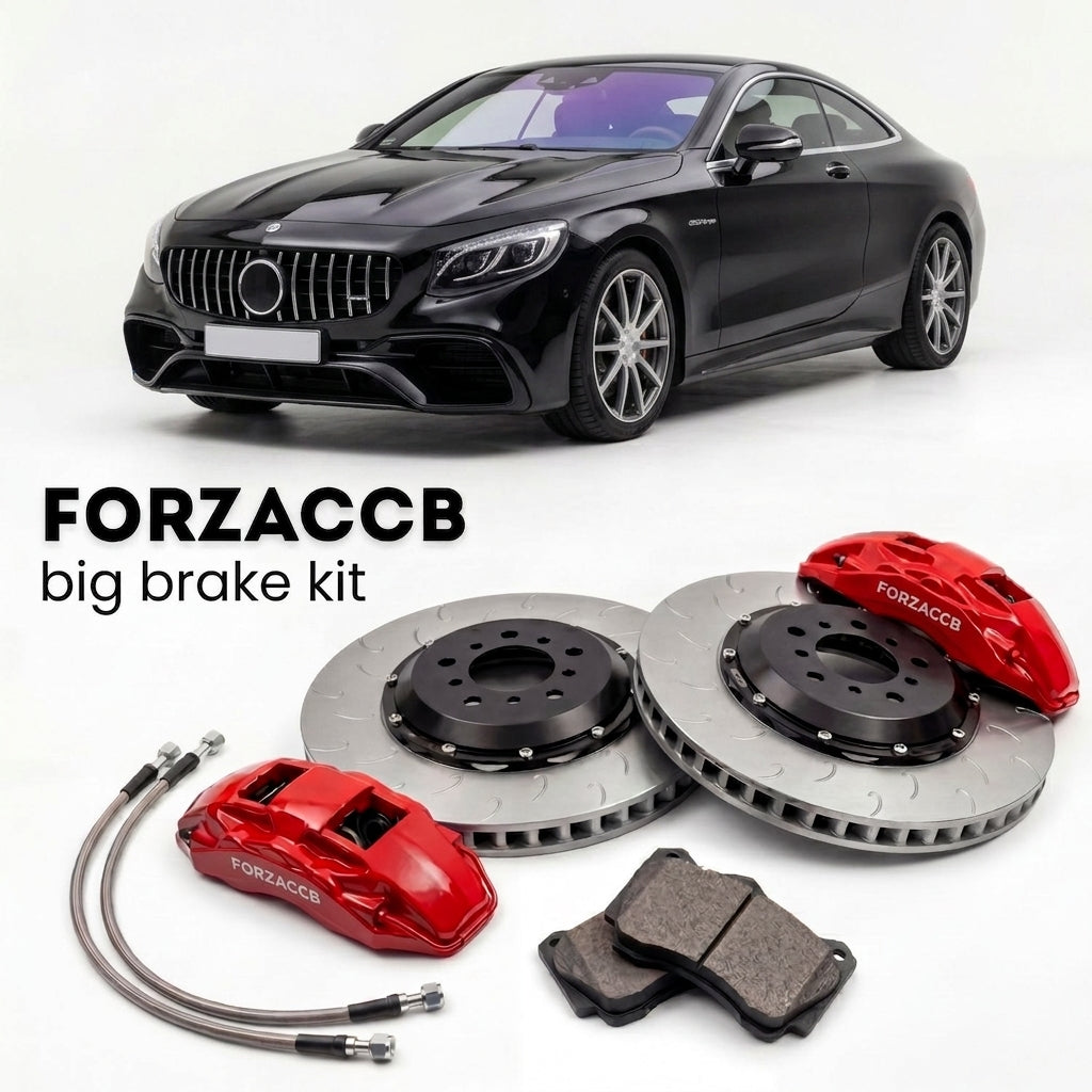 Black Mercedes-Benz S 63 / 65 AMG Coupé C217 (2014-2020) shown above a ForzaCCB iron rotor big brake kit with 2x red 6-piston front calipers, 2x two-piece floating ventilated brake discs 380 mm, set of brake pads, and brake lines.