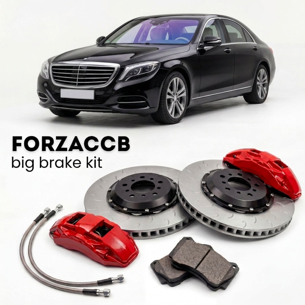 Black Mercedes-Benz S-Class W222 (2013-2020) shown above a ForzaCCB iron rotor big brake kit with 2x red 6-piston front calipers, 2x two-piece floating ventilated brake discs 380 mm, set of brake pads, and brake lines.
