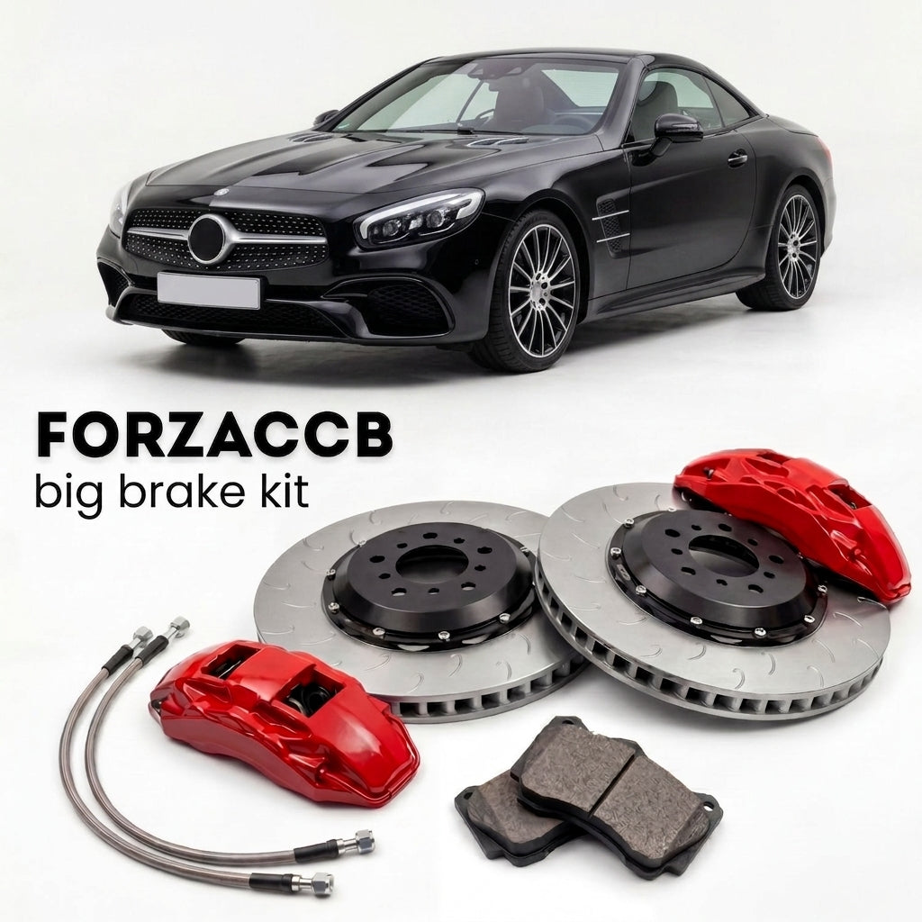 Black Mercedes-Benz SL 400 / SL 450 R231 (2014-2020) shown above a ForzaCCB iron rotor big brake kit with 2x red 6-piston front calipers, 2x two-piece floating ventilated brake discs 380 mm, set of brake pads, and brake lines.