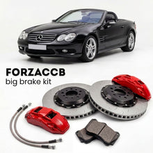 Black Mercedes-Benz SL 500 / SL 550 R230 (2003-2011) shown above a ForzaCCB iron rotor big brake kit with 2x red 6-piston front calipers, 2x two-piece floating ventilated brake discs 380 mm, set of brake pads, and brake lines.
