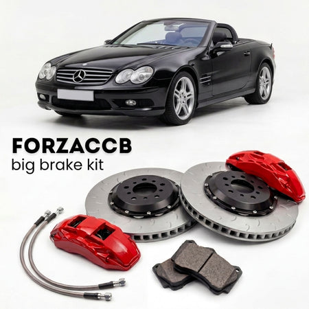 Black Mercedes-Benz SL 500 / SL 550 R230 (2003-2011) shown above a ForzaCCB iron rotor big brake kit with 2x red 6-piston front calipers, 2x two-piece floating ventilated brake discs 380 mm, set of brake pads, and brake lines.