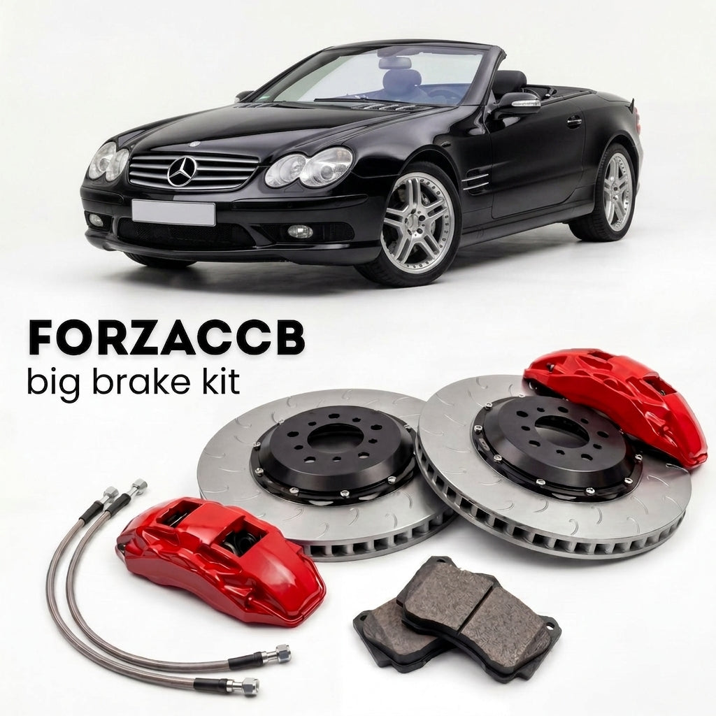 Black Mercedes-Benz SL 55 AMG R230 (2006-2008) shown above a ForzaCCB iron rotor big brake kit with 2x red 6-piston front calipers, 2x two-piece floating ventilated brake discs 380 mm, set of brake pads, and brake lines.