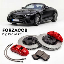 Black Mercedes-Benz SL 55 AMG R232 (2022+) shown above a ForzaCCB iron rotor big brake kit with 2x red 6-piston front calipers, 2x two-piece floating ventilated brake discs 380 mm, set of brake pads, and brake lines.