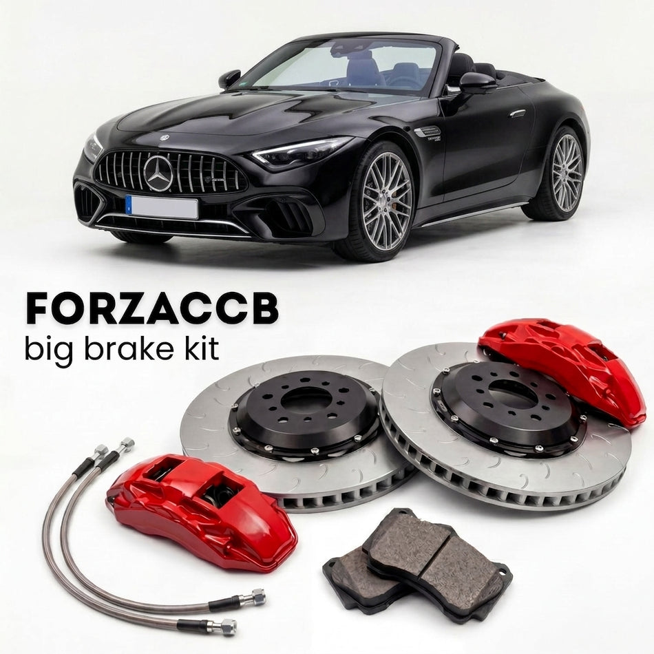 Black Mercedes-Benz SL 55 AMG R232 (2022+) shown above a ForzaCCB iron rotor big brake kit with 2x red 6-piston front calipers, 2x two-piece floating ventilated brake discs 380 mm, set of brake pads, and brake lines.