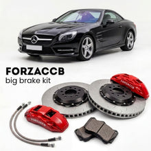 Black Mercedes-Benz SL 550 R231 (2012-2020) shown above a ForzaCCB iron rotor big brake kit with 2x red 6-piston front calipers, 2x two-piece floating ventilated brake discs 380 mm, set of brake pads, and brake lines.