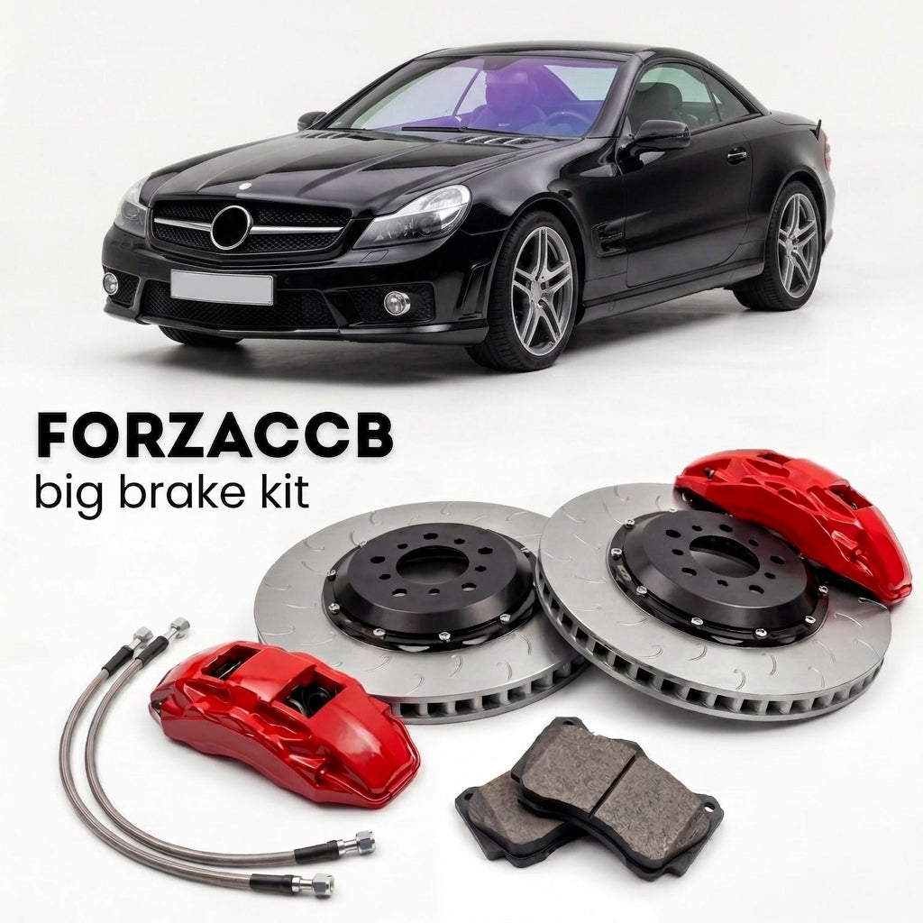 Black Mercedes-Benz SL 63 AMG R230 (2008-2011) shown above a ForzaCCB iron rotor big brake kit with 2x red 6-piston front calipers, 2x two-piece floating ventilated brake discs 380 mm, set of brake pads, and brake lines.